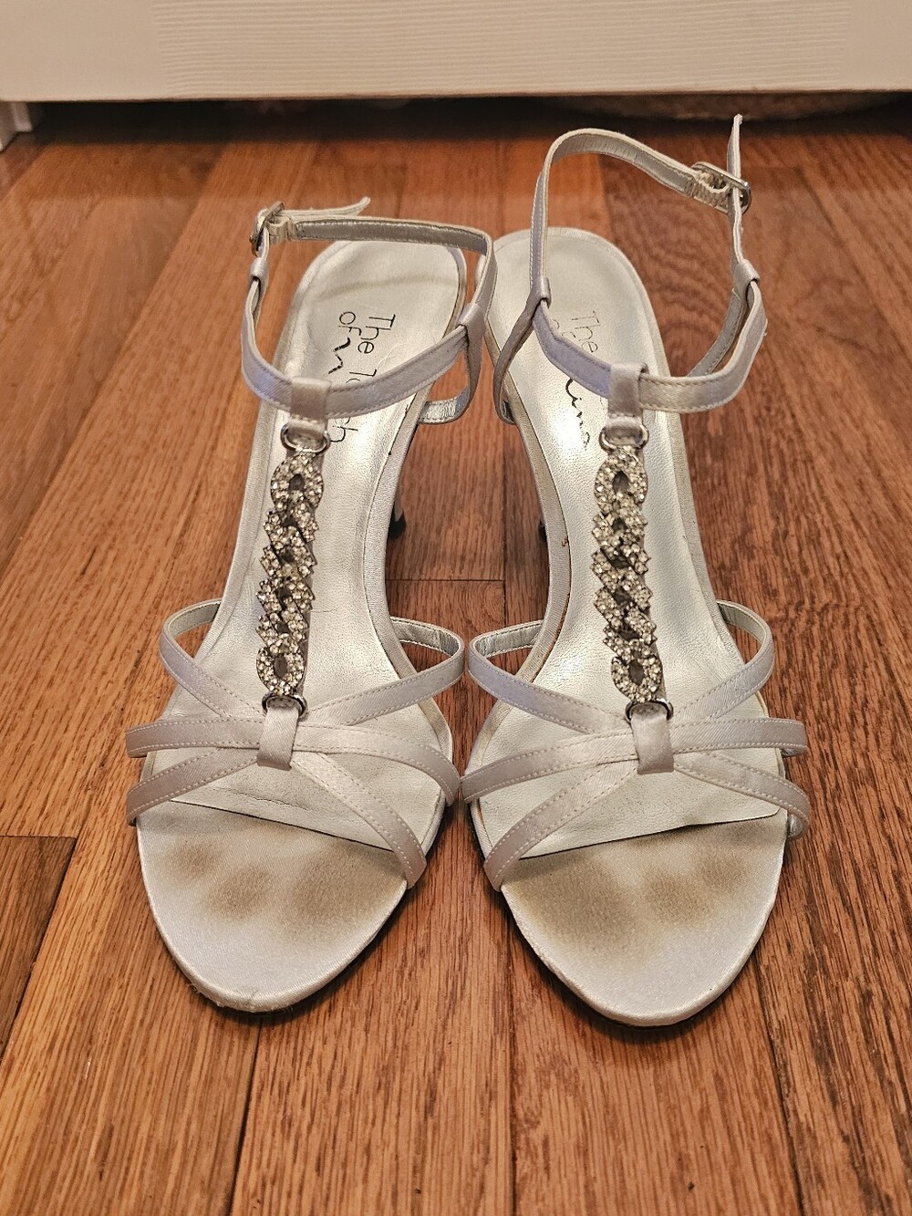 Elegant Silver Jeweled T-Strap Heels